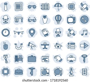 Blue tint and shade editable vector line icon set - phone vector, tv, right arrow, flag garland, office chair, case, mouse, desk, tie, fence, glove, real heart, satellite, umbrella, abacus, menu