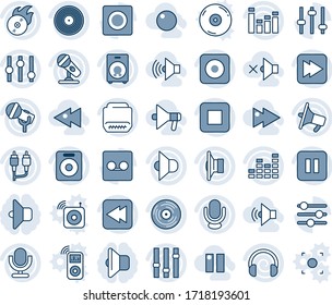 Conjunto de iconos de línea vectorial editable de tonos azules y sombras - vector vinilo, disco de llama, micrófono, altavoz, altavoz, configuración, ecualizador, auriculares, botón de pausa, parada, avance rápido, rebobinado, rec, rca