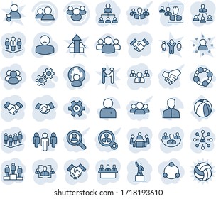 Blue tint and shade editable vector line icon set - handshake vector, hierarchy, pedestal, team, patient, basketball ball, group, user, company, hr, meeting, gear, friends, consumer search, leader