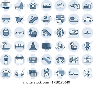 Blue tint and shade editable vector line icon set - baggage conveyor vector, train, waiting area, ladder car, border cone, plane, luggage scales, airport building, tower, taxi, departure, down, bike