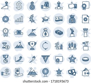 Blue tint and shade editable vector line icon set - mountains vector, dollar sign, pedestal, medal, money bag, document, cash, sertificate, cent, coin, investment, account history, bar graph, star