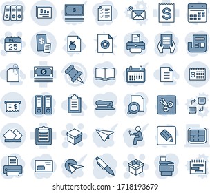 Conjunto de iconos de línea vectorial editable en tonos azules y sombreados - vector de regalo, calendario de 25 decs, libro, carpeta de oficina, lápiz, documento, impresora, lista de dieta, efectivo, recibo, portapapeles, pin de papel, notas, corte, finanzas