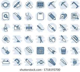 Blue tint and shade editable vector line icon set - plate spoon fork vector, document search, pencil, shovel, bucket, garden knife, axe, monitor pulse, stethoscope, thermometer, heart diagnosis, cut