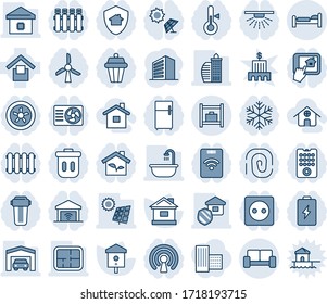 Conjunto de iconos de línea vectorial editable en tonos azules y sombreados - vector cama, área de espera vip, sala de equipaje, edificio de oficinas, casa, pájaro, almacén, panel solar, garaje, plan, baño, hogar inteligente, eco