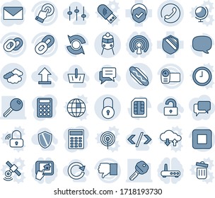 Blue tint and shade editable vector line icon set - clouds vector, train, phone, lock, mail, shield, video camera, touch screen, chain, finger down, stop button, message, sim, update, calculator