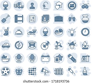 Blue tint and shade editable vector line icon set - no laptop vector, reception bell, stamp, fork loader, christmas sock, firework rocket, sleigh, rowanberry, deer hat, job, fence, fire, lungs, reel