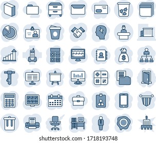 Conjunto de iconos de línea vectorial editable en color azul - vectores de papelera, recepción, gerente, teléfono móvil, tarjeta de identidad, estadísticas de crecimiento, jerarquía, calculadora, pennant, escritorio, empate, bolsa de dinero, café