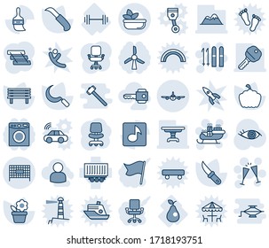 Blue tint and shade editable vector line icon set - plane vector, fenced area, wine glasses, ski, santa sleigh, office chair, flower in pot, sickle, garden knife, bench, pumpkin, eye, barbell, pear