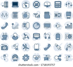 Conjunto de iconos de línea vectorial editable en tonos azules - sin vector de portátil, bomba en caso, radar, pulso de monitor, tomografía, soporte, radio, satélite, tv, ecualizador, pc, batería baja, llamada, ajustes, sd