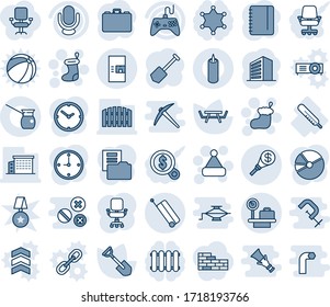 Blue tint and shade editable vector line icon set - suitcase vector, luggage scales, coffee machine, christmas sock, hat, office building, case, notepad, job, shovel, picnic table, thermometer, ball