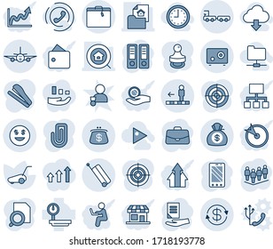 Blue tint and shade editable vector line icon set - suitcase vector, travolator, baggage truck, plane, mobile phone, case, team, office binder, document, lawn mower, heavy scales, dollar exchange