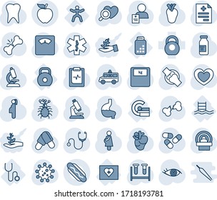 Blue tint and shade editable vector line icon set - heart vector, diagnosis, stethoscope, blood test vial, diagnostic, microscope, scales, pills, ampoule, tomography, ambulance star, car, stomach