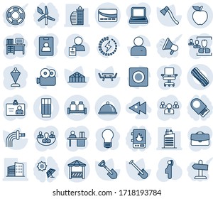 Blue tint and shade editable vector line icon set - identity card vector, pennant, team, desk, bulb, shovel, watering, axe, greenhouse, picnic table, patient, pregnancy, user, record, video, charge