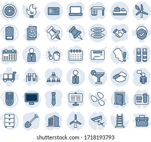 Conjunto de iconos de línea vectorial editable en tonos azules y sombras - transportador de equipaje vectorial, nubes, hombre de habla, edificio de oficinas, escritorio, calendario, trabajo, escalera, fuego, semillas, vial, pan, carga, escudo, monitor