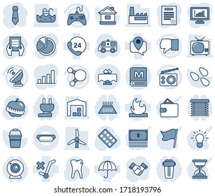 Blue tint and shade editable vector line icon set - handshake vector, tie, document, bucket, house, seeds, pills blister, ambulance car, caries, diet, 24 hours, mobile tracking, umbrella, no trolley