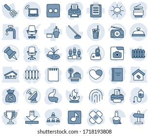 Blue tint and shade editable vector line icon set - wireless notebook vector, luggage scales, office chair, pedestal, notepad, money bag, printer, garden fork, fence, fire, hoe, pond, dropper, patch