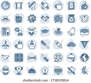 Conjunto de iconos de línea vectorial editable en tonos azules - vectores de vasos calientes, recepción, radar, sala de control, apretón de manos, graduado, mariposa, cuchillo de jardín, invernadero, estanque, fertilizante, cama de hospital, discapacitados