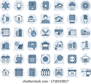 Conjunto de íconos de línea vectorial editable en tonos azules y sombreados - vectorial de la sala de equipaje, edificio de oficinas, casa de pájaro, almacén, garaje, panel solar, letrero vendido, agente inmobiliario, llave, alcoba, control doméstico, ventilador