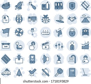 Blue tint and shade editable vector line icon set - shower vector, lock, runway, baggage scales, christmas tree, champagne, handshake, pedestal, lady bug, patient card, pills blister, traffic light
