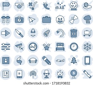 Blue tint and shade editable vector line icon set - baggage trolley vector, no smoking, waiting area, camera, right arrow, storm cloud, plane, female wc, christmas tree, landscape, snowball, case