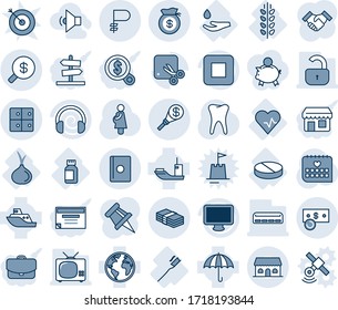 Blue tint and shade editable vector line icon set - passport vector, baggage room, tooth, medical calendar, pregnancy, heart pulse, pill, pills bottle, brush, drop hand, onion, spica, earth, monitor