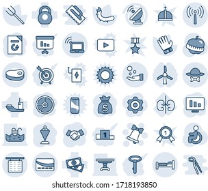 Blue tint and shade editable vector line icon set - antenna vector, wireless notebook, bed, flight table, bell, handshake, pennant, money bag, statistic monitor, document reload, circle chart, glove