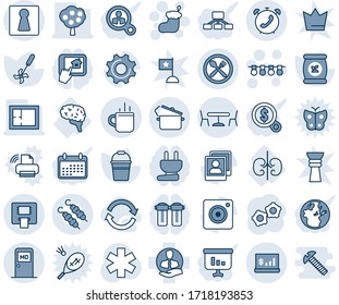 Blue tint and shade editable vector line icon set - hot cup vector, female, medical room, cafe, phone alarm, christmas sock, garland, gear, bucket, fertilizer, ripper, ambulance star, brain, kidneys