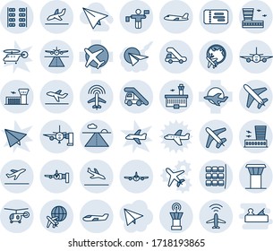 Blue tint and shade editable vector line icon set - plane vector, airport tower, runway, radar, departure, arrival, ticket, ladder car, boarding, seat map, globe, building, traffic controller, small