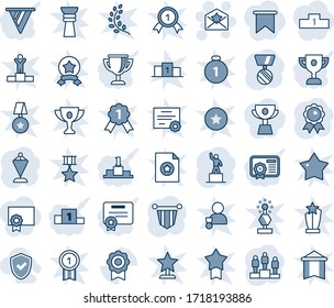 Blue tint and shade editable vector line icon set - star letter vector, pedestal, pennant, medal, sertificate, shield check, pennon, certificate, award cup, flag, golden branch, winner, gold