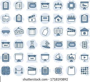 Blue tint and shade editable vector line icon set - fence vector, flight table, schedule, presentation board, meeting, clipboard, clapboard, sale, rooms, sold signboard, smart home, cutting, chip