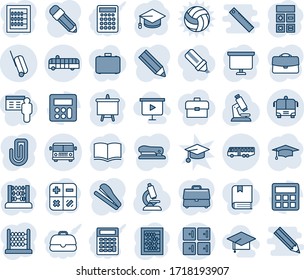 Blue tint and shade editable vector line icon set - airport bus vector, checkroom, suitcase, book, calculator, graduate, abacus, presentation board, microscope, case, paper clip, pencil, stapler