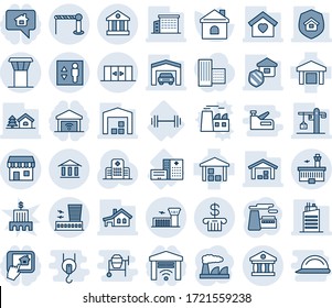 Blue Tint And Shade Editable Vector Line Icon Set - Airport Tower Vector, Barrier, Building, Automatic Doors, Elevator, Duty Free, Factory, House, Hospital, Barbell, Warehouse, Bank, With Garage