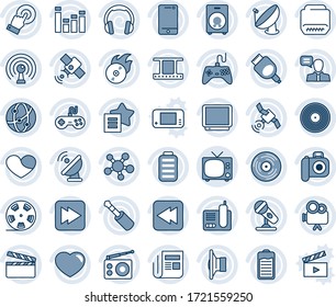 Blue tint and shade editable vector line icon set - tv vector, satellite antenna, clapboard, film frame, reel, vinyl, flame disk, camera, microphone, radio, news, speaker, gamepad, equalizer, video