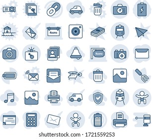 Conjunto de iconos de línea vectorial editable en tonos azules - vector de tren, bomba en caso, bebé, cámara, impresora, horquilla de jardín, cadena, batería, móvil, galería, correo, foto, calculadora, habitaciones, cheque escudo, camión