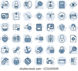 Blue tint and shade editable vector line icon set - passport control vector, stamp, lock, barrier, metal detector gate, identity card, shield, sd, eye id, key, estate insurance, vip zone, unlocked
