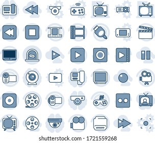 Blue tint and shade editable vector line icon set - ticket office vector, clapboard, film frame, reel, tv, gamepad, video camera, play button, stop, rewind, rec, hdmi, record, fast forward, backward