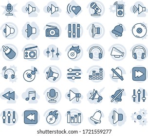 Conjunto de iconos de línea vectorial editable de tonos azules y sombras - vector de latido cardíaco, disco de llama, micrófono, radio, altavoz, altavoz, configuración, ecualizador, auriculares, avance rápido, rebobinado, rca, sintonización, campana