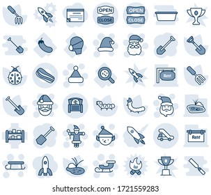 Blue tint and shade editable vector line icon set - trap truck vector, santa claus, christmas hat, sleigh, elf, job, garden fork, shovel, lady bug, caterpillar, pond, bacteria, medical mask, rack