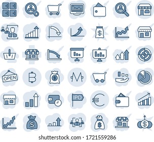 Blue tint and shade editable vector line icon set - shop vector, checkroom, growth statistic, money bag, crisis graph, store, euro, bitcoin, monero, monitor statistics, pie, hr, target, basket, cart