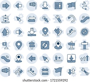 Blue tint and shade editable vector line icon set - escalator vector, signpost, wind, elevator, up, down, sign post, right arrow, left, side, route, pin, download, place tag, compass, cursor, undo