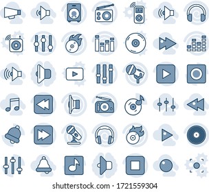 Blue tint and shade editable vector line icon set - vinyl vector, flame disk, microphone, radio, speaker, settings, equalizer, headphones, play button, stop, fast forward, rewind, tuning, bell, low