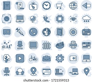 Tinta azul y sombras editables conjunto de iconos de línea vectorial - vector de teléfono, bomba en caso, flecha izquierda, conexión de portátil, construcción de aeropuerto, paisaje de Navidad, silla de oficina, pc, árbol, jeringa, bicicleta, término, tv
