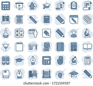 Blue tint and shade editable vector line icon set - contract vector, book, calculator, graduate, abacus, desk, notepad, pencil, microscope, lab, bladder, notes, paper clip, ink pen, hat, clipboard