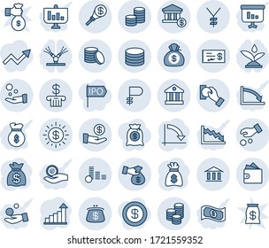 Blue tint and shade editable vector line icon set - growth statistic vector, money bag, crisis graph, yen, ruble, coin, dollar sun, bank, account, investment, cash pay, encashment, wallet, check