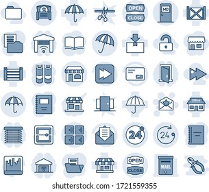 Conjunto de iconos de línea vectorial editable en tonos azules - 24 alrededor del vector, paraguas, tienda, sala médica, sala de control, horas, seguro, carta estrella, libro, tienda, contenedor, paquete, correo, avance rápido