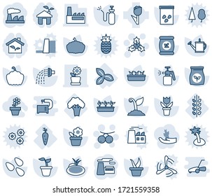 Blue tint and shade editable vector line icon set - holly vector, rowanberry, factory, flower in pot, seedling, watering can, sproute, pumpkin, seeds, pond, garden sprayer, fertilizer, three leafs