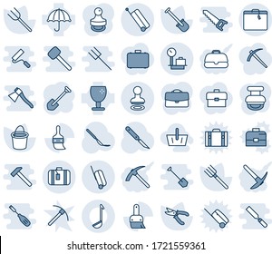 Blue tint and shade editable vector line icon set - suitcase vector, stamp, baggage scales, job, shovel, farm fork, bucket, pruner, scalpel, fragile, umbrella, themes, case, ladle, basket, hard work