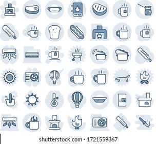 Blue tint and shade editable vector line icon set - hot cup vector, tea, coffee machine, fireplace, fire, thermometer, sun, air conditioner, bread, steak, dog, bowl, steaming pan, turkish, balloon