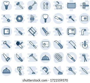 Blue tint and shade editable vector line icon set - safe vector, spoon and fork, job, saw, hoe, garden knife, implant, cargo container, paper clip, dish, piston, casting of steel, rolling, bucksaw