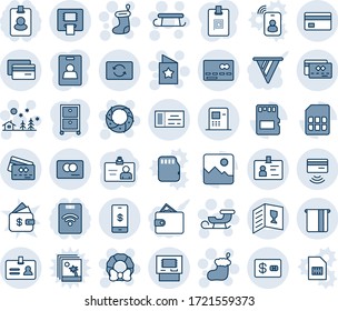 Blue tint and shade editable vector line icon set - credit card vector, identity, ticket, christmas sock, landscape, sleigh, wreath, star postcard, gallery, sd, sim, mobile payment, tap pay, atm